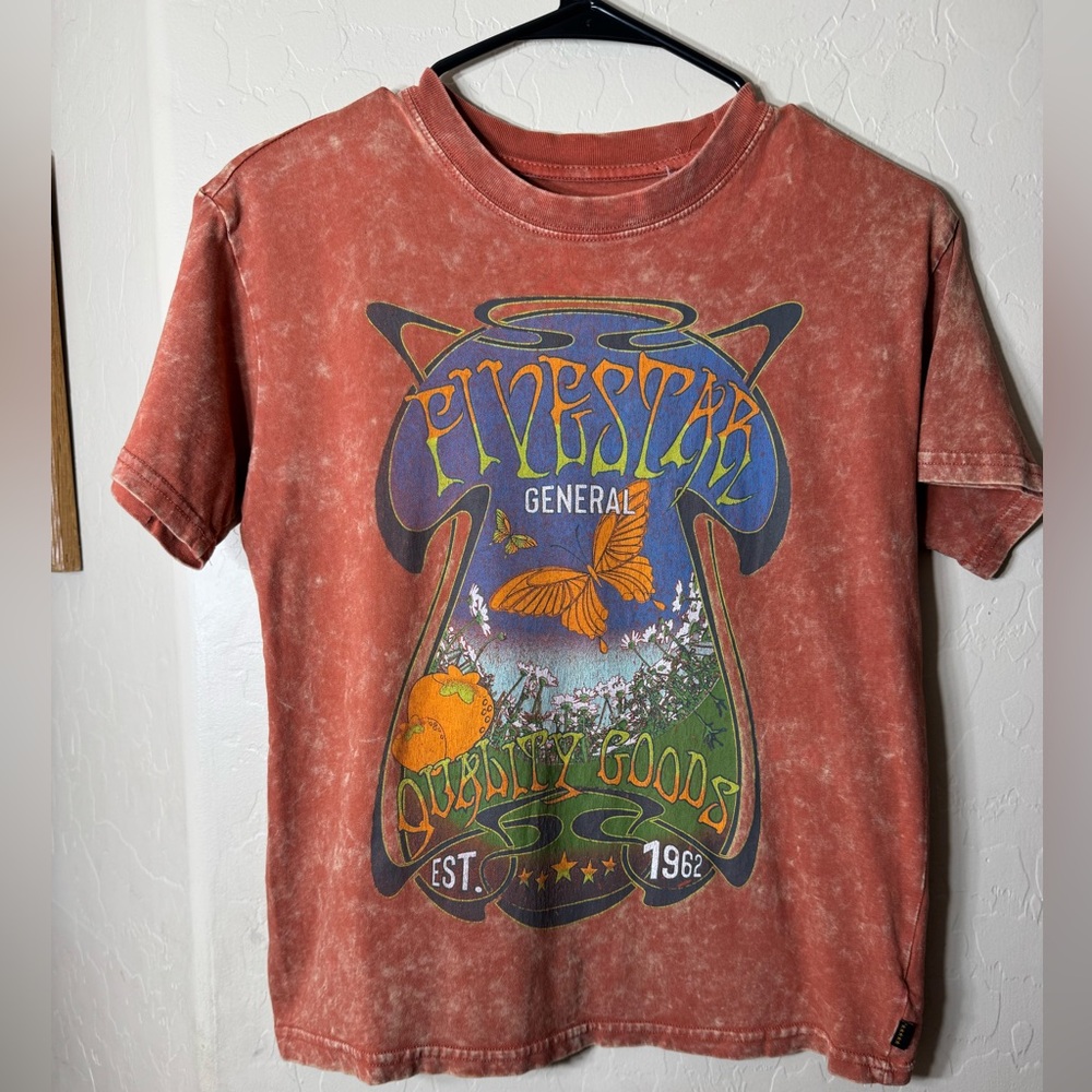 FiveStar General Graphic T Shirt Acid Wash Butterfly Fruit Print XS Y2K